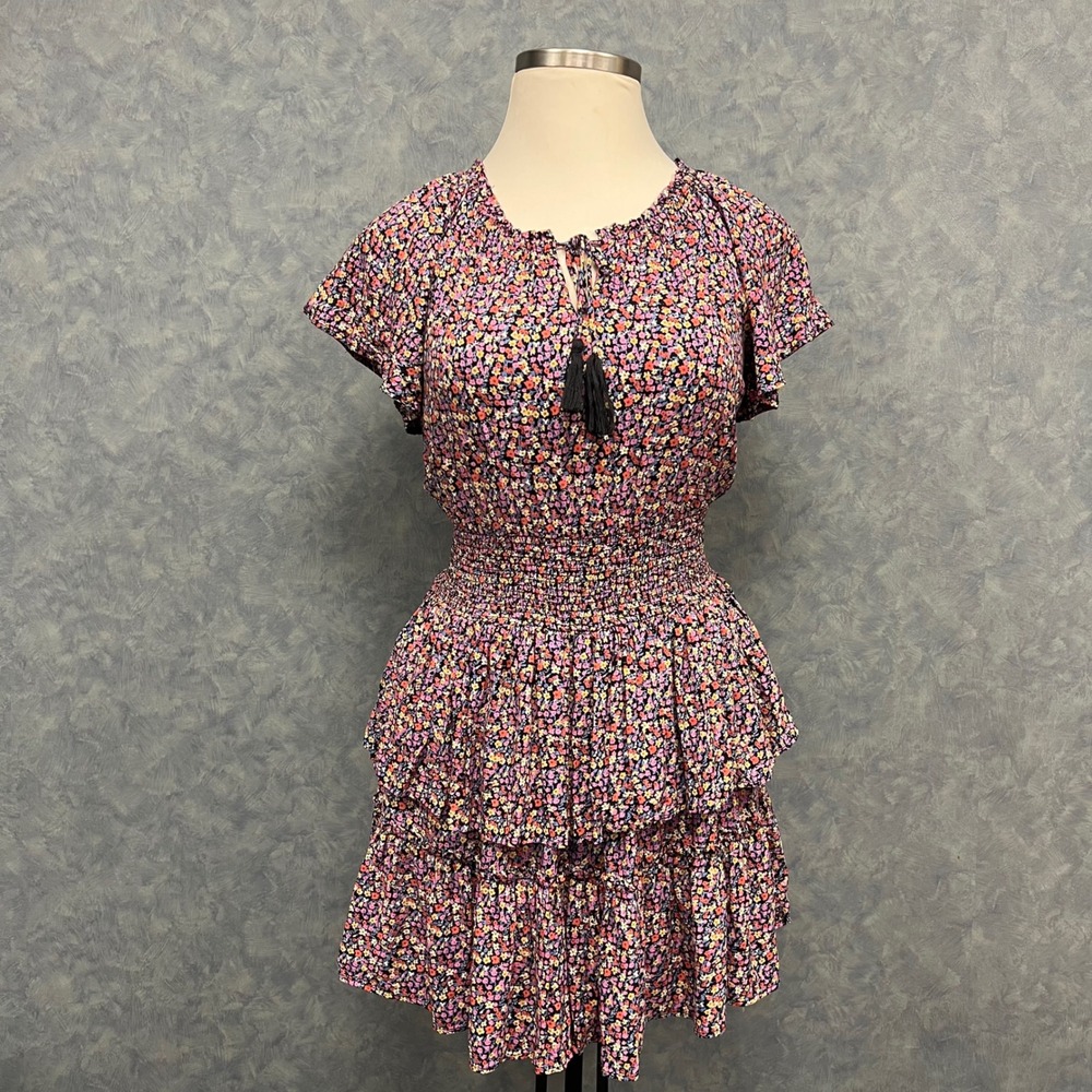 Patrons of Peace Ditsy Floral Mini Dress Smocked Ruffle Tiered Bohemian Dress L‎